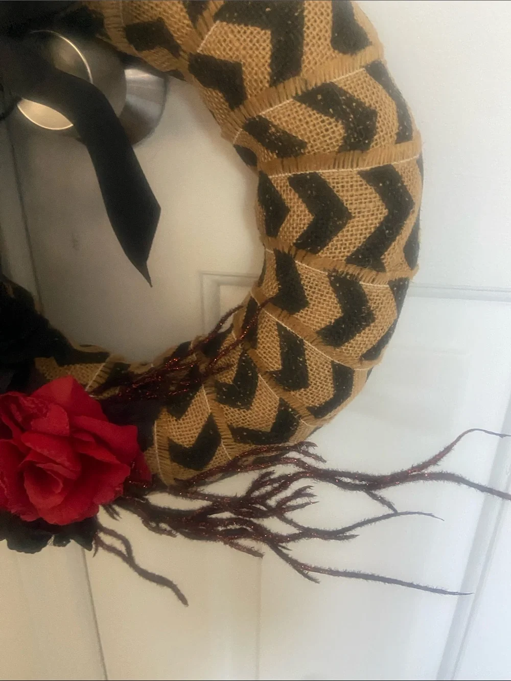 Handcrafted Red & Black Floral Headband with Chevron Burlap